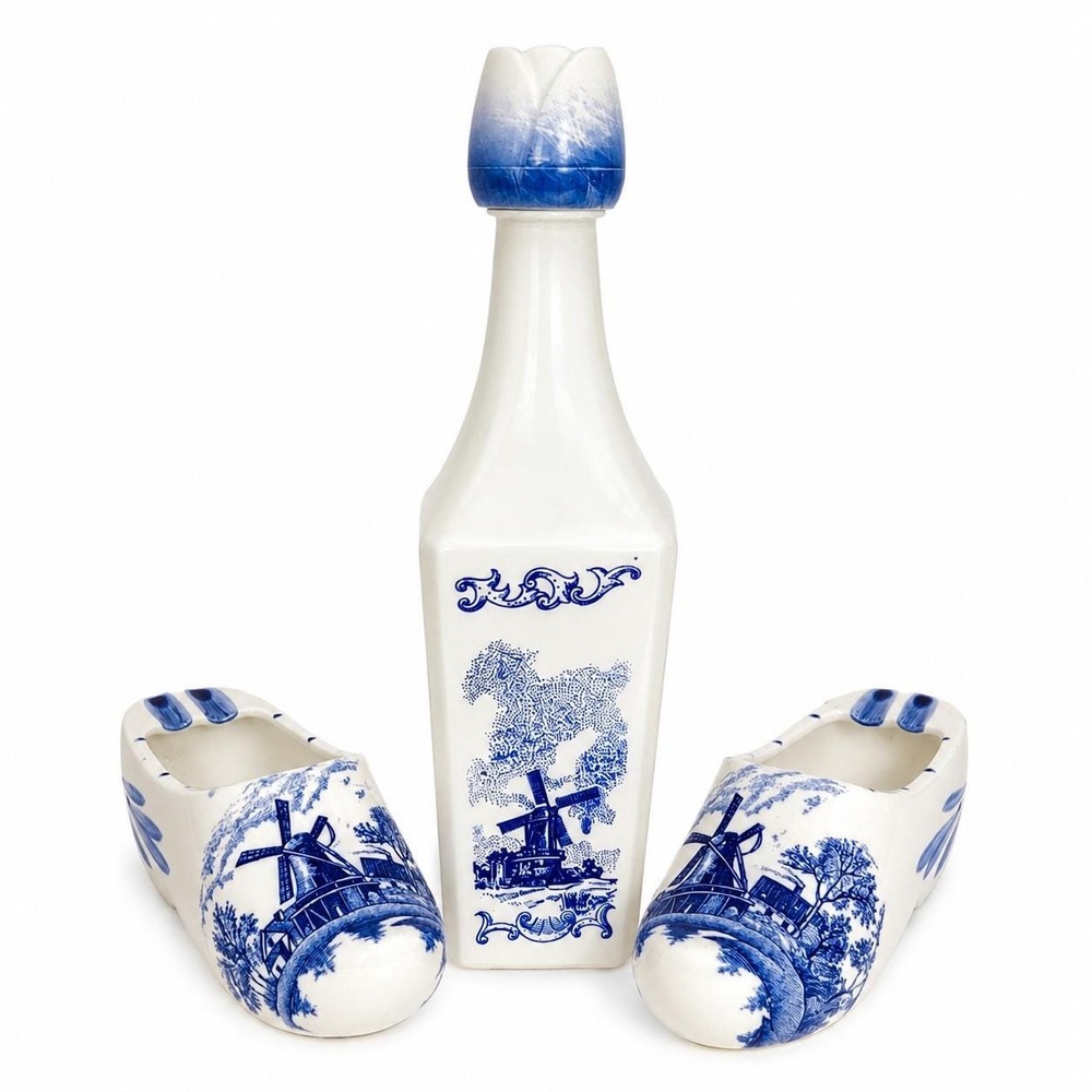 Vintage Delft Blue Windmill Decanter Set Clog Ashtrays Brechner Japan 3 Pc